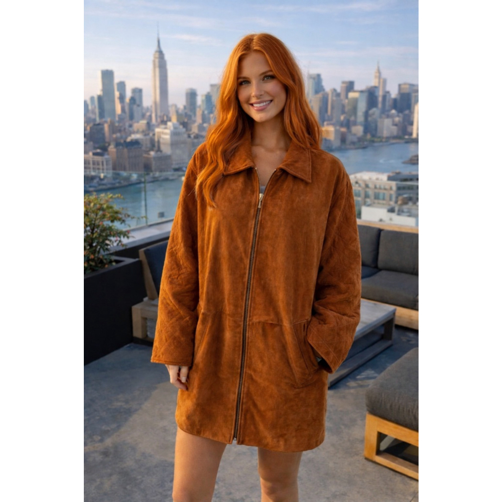 Vintage Studio Siena Cognac Suede Leather Longline Coat Thinsulate L Quiet Luxe